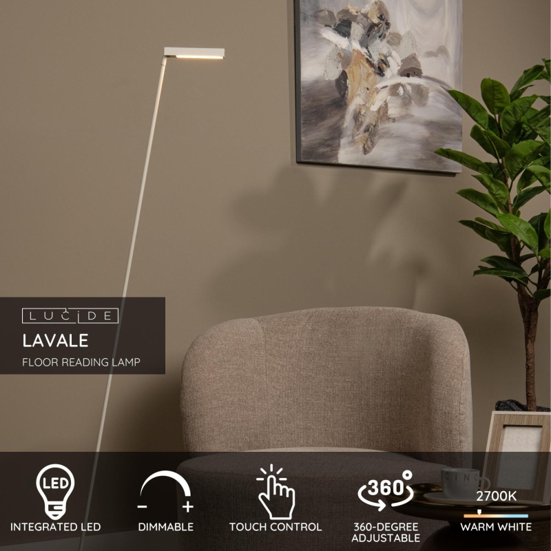 Lucide LAVALE - Stojacia lampa na čítanie - LED Dim.K/2700K - Biela